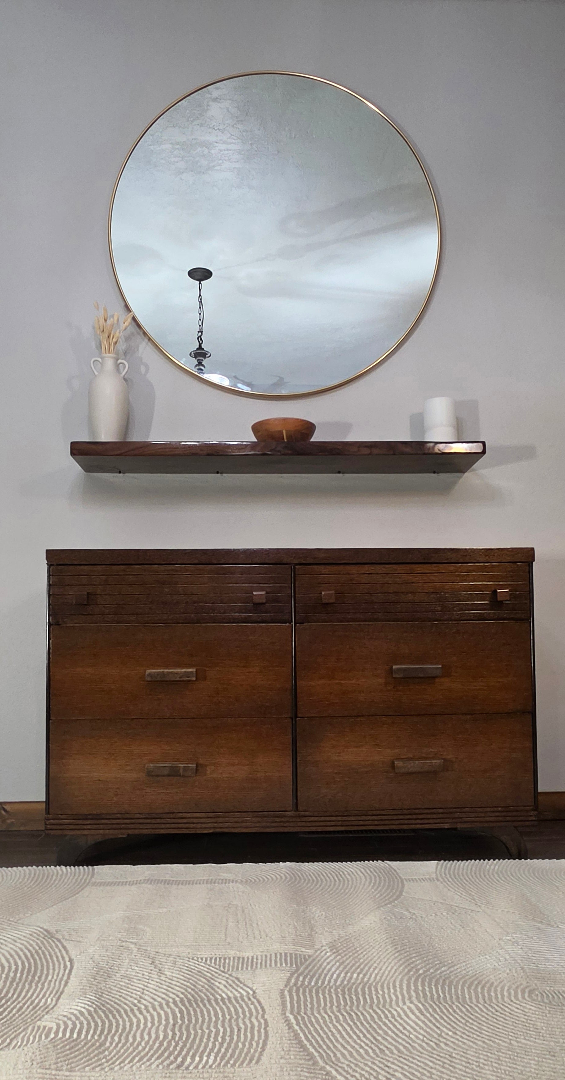 Mid-century oak dresser with walnut floating shelf