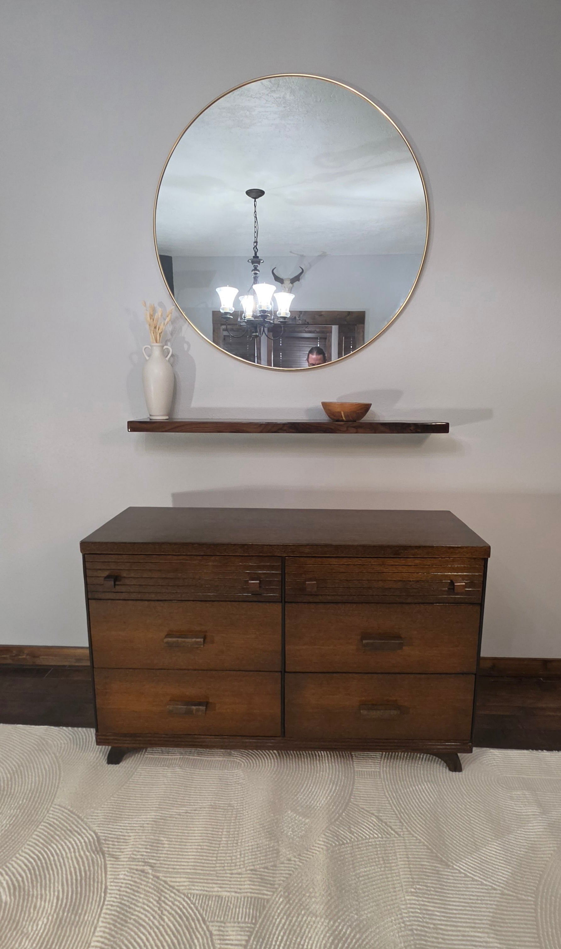 Custom refinished mid-century oak dresser finished with waterlox and walnut floating shelf