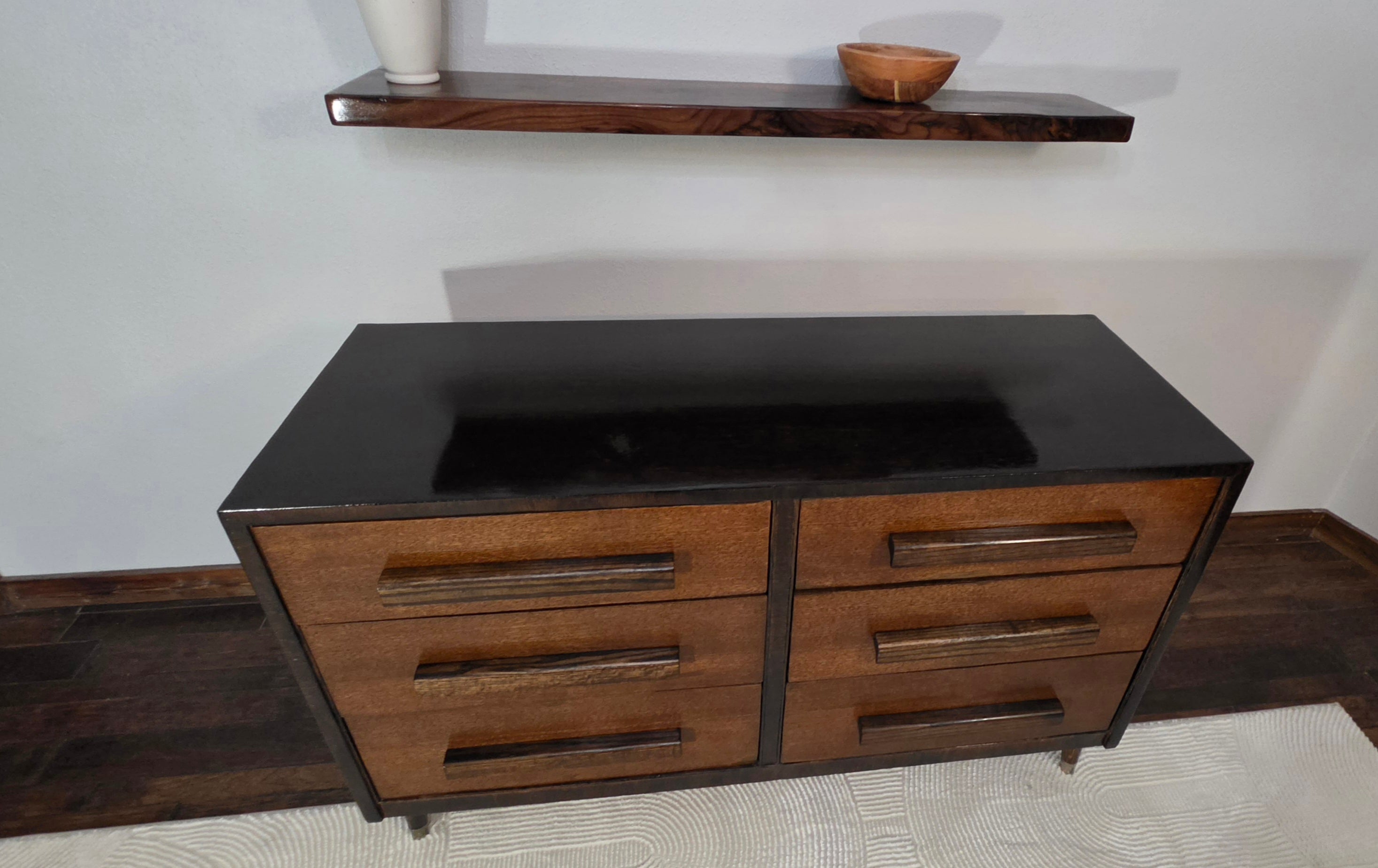 Mid-century custom refinished credenza with oak handles