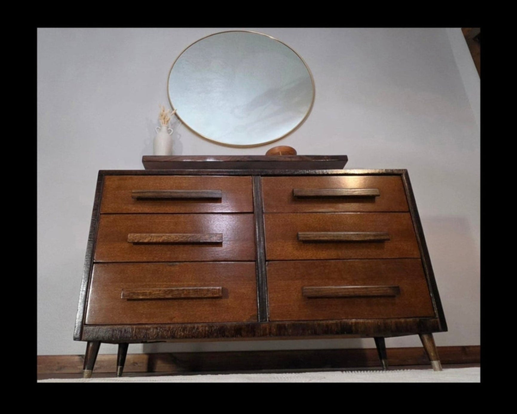 Custom-refinished  Mid-century modern dresser with oak handles and round mirror