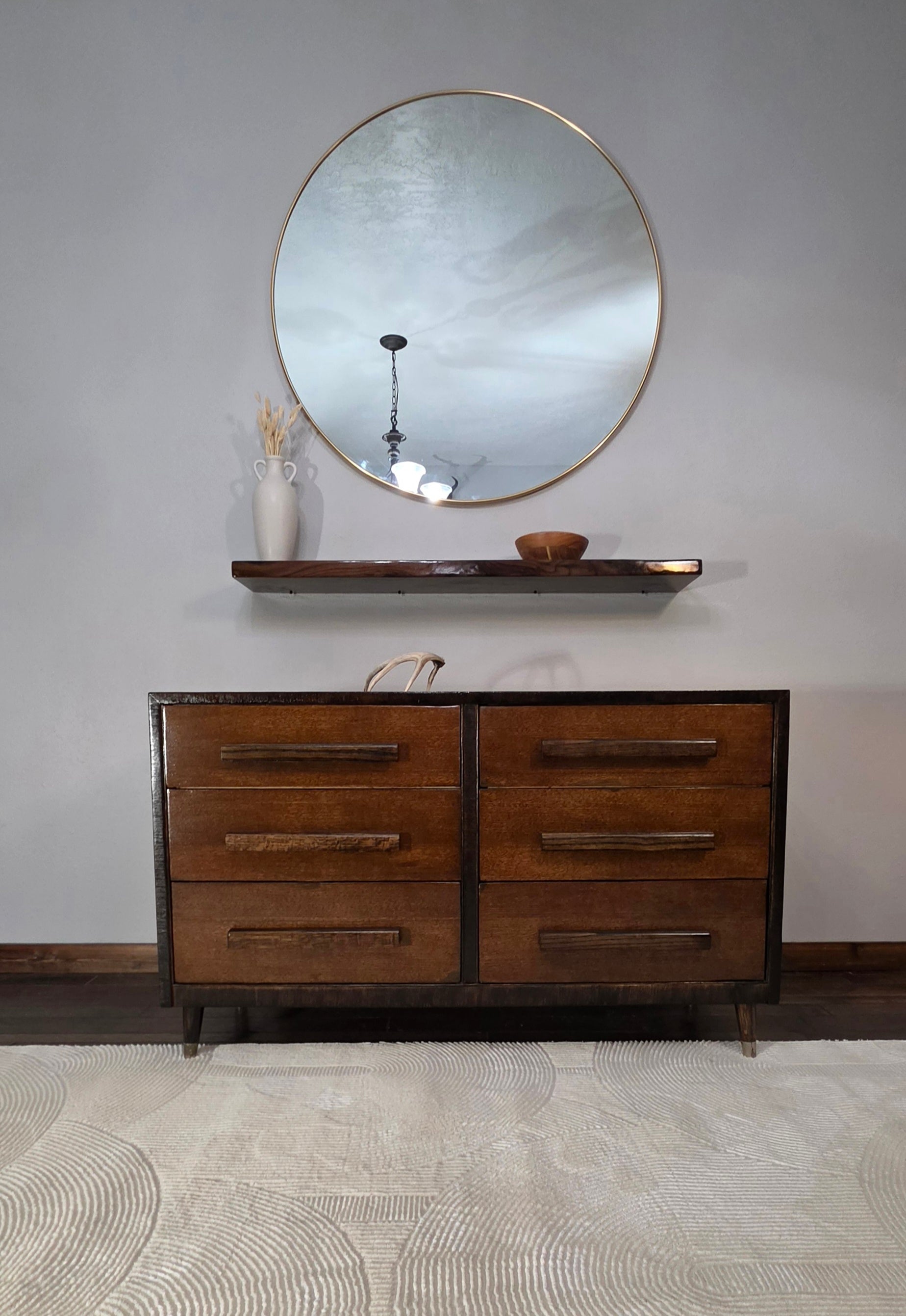 Refinished mid-century dresser finished in waterlox and walnut floating shelf