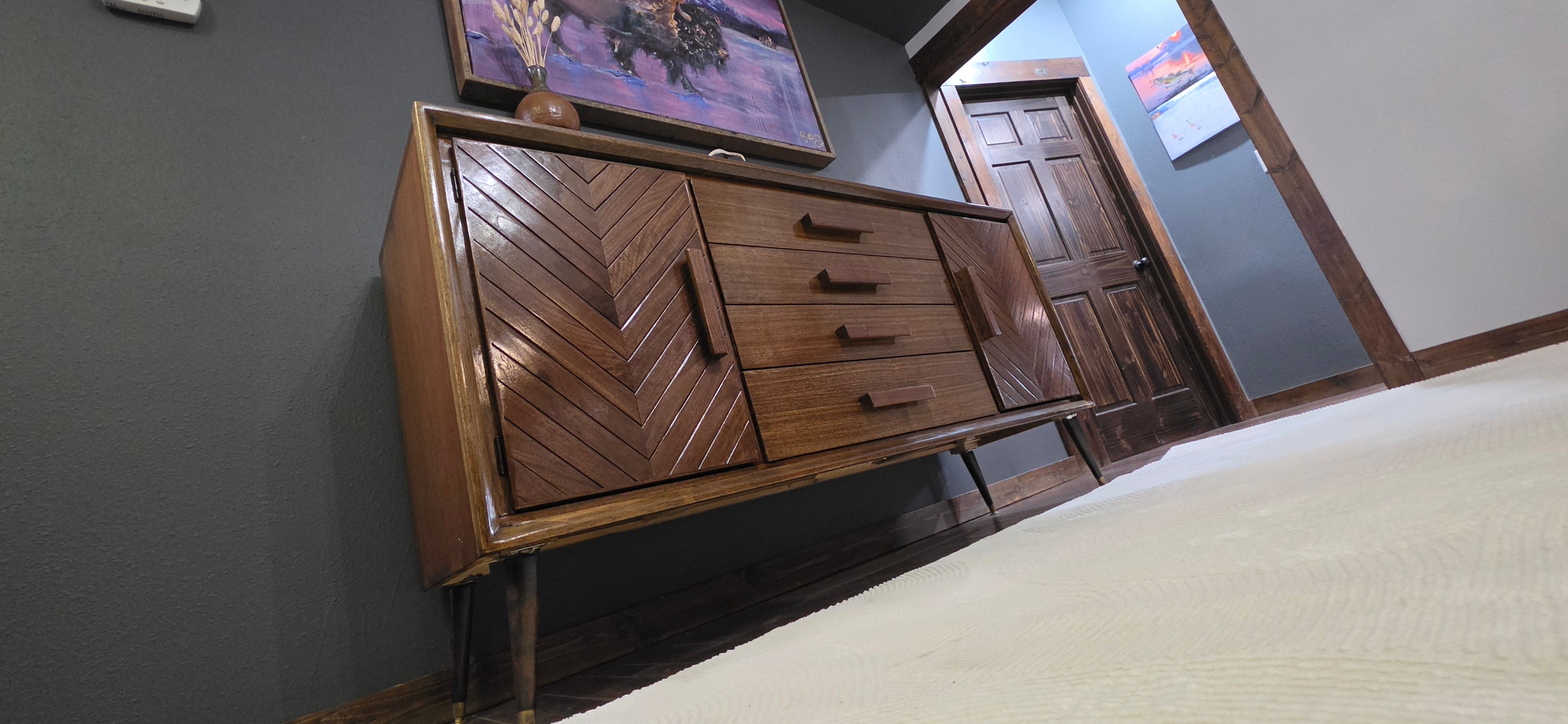 Custom refinished mid century walnut credenza with chevron