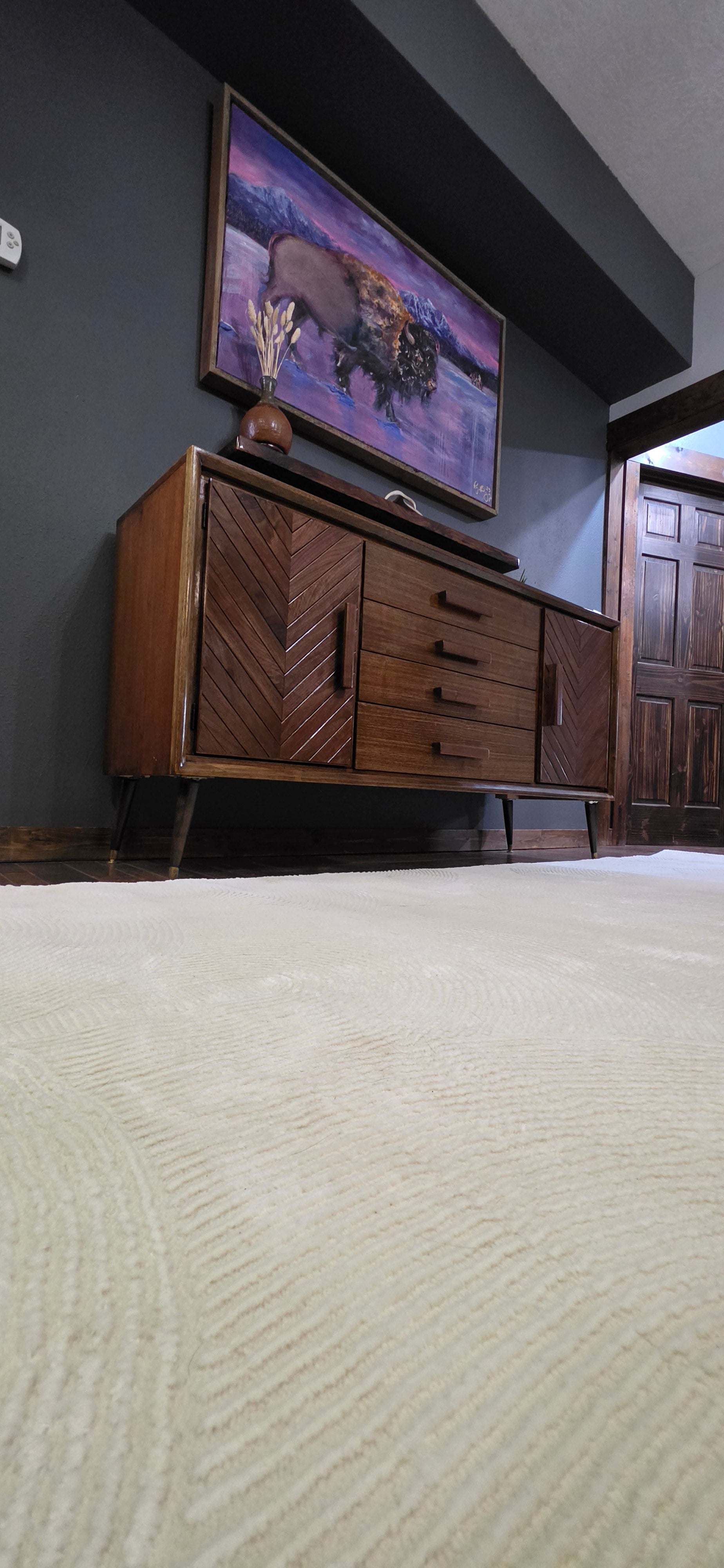 Restored and custom walnut credenza mcm credenza with chevron detail