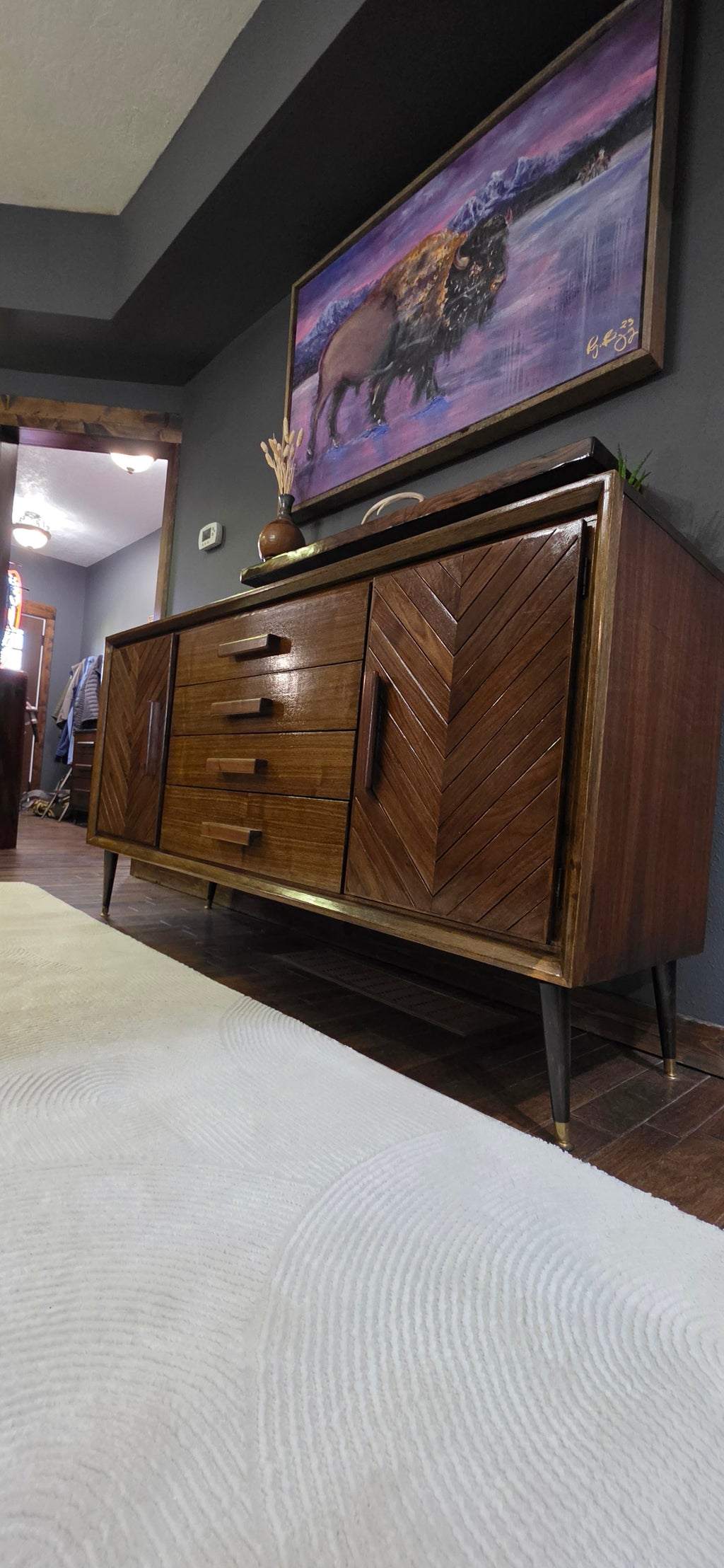 Restored and custom walnut credenza with chevron panels