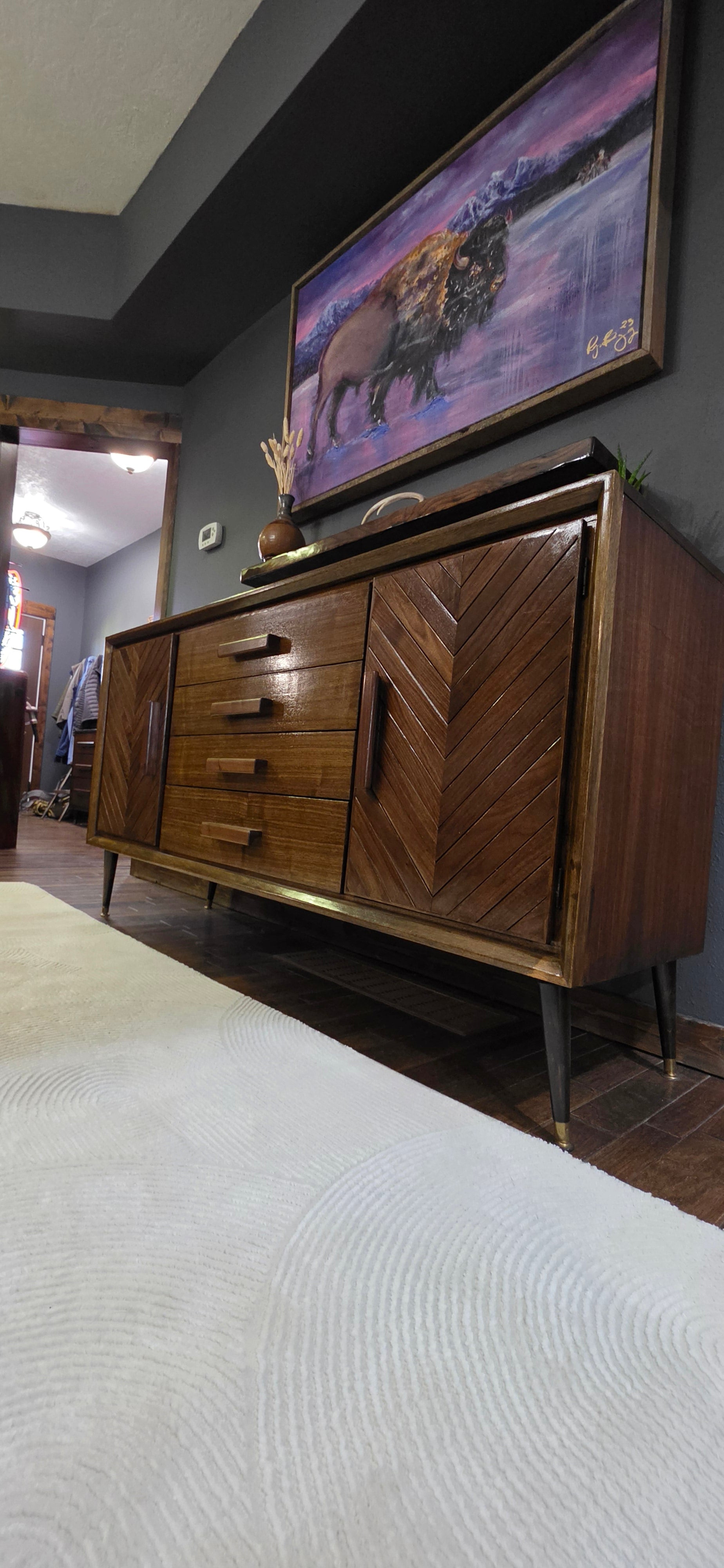 Restored and custom walnut credenza with chevron panels