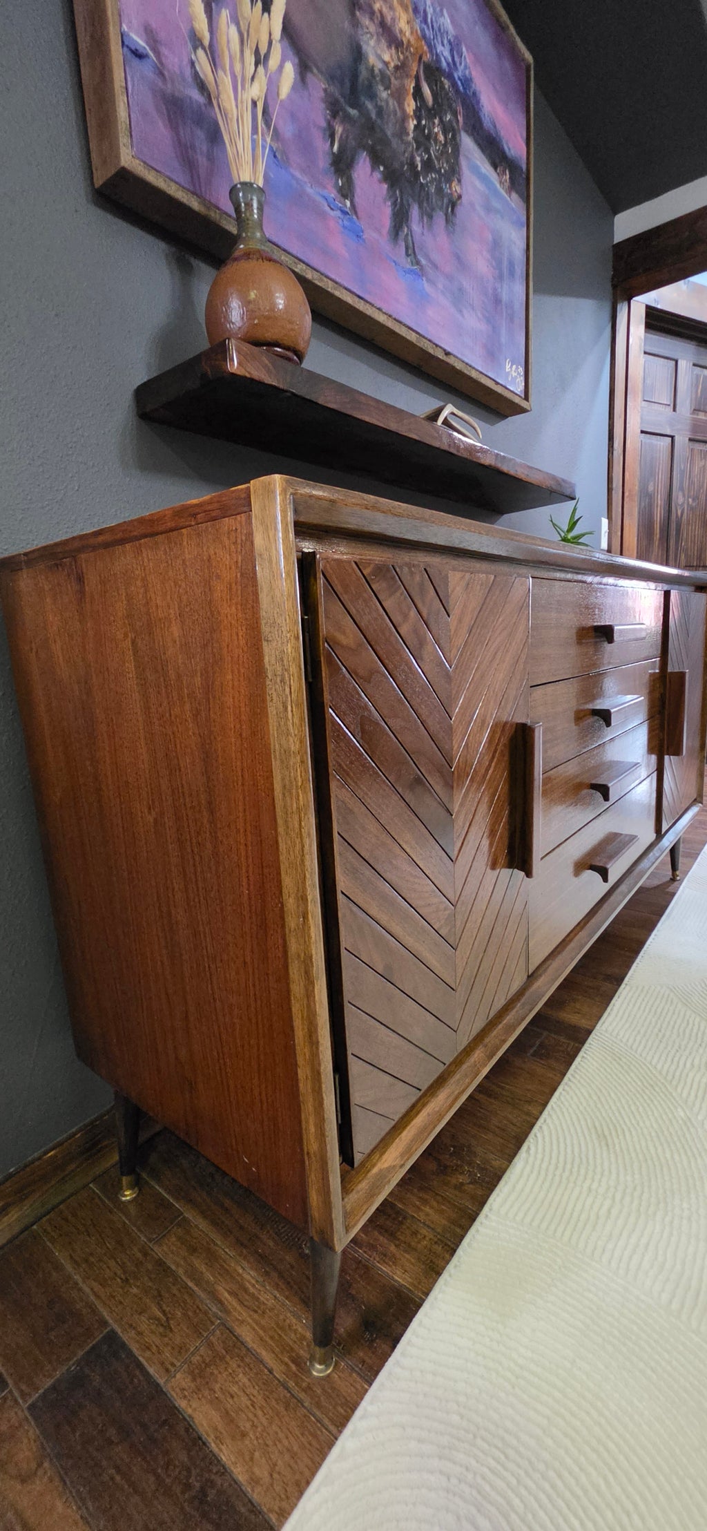 Custom credenza mid-century walnut with chevron