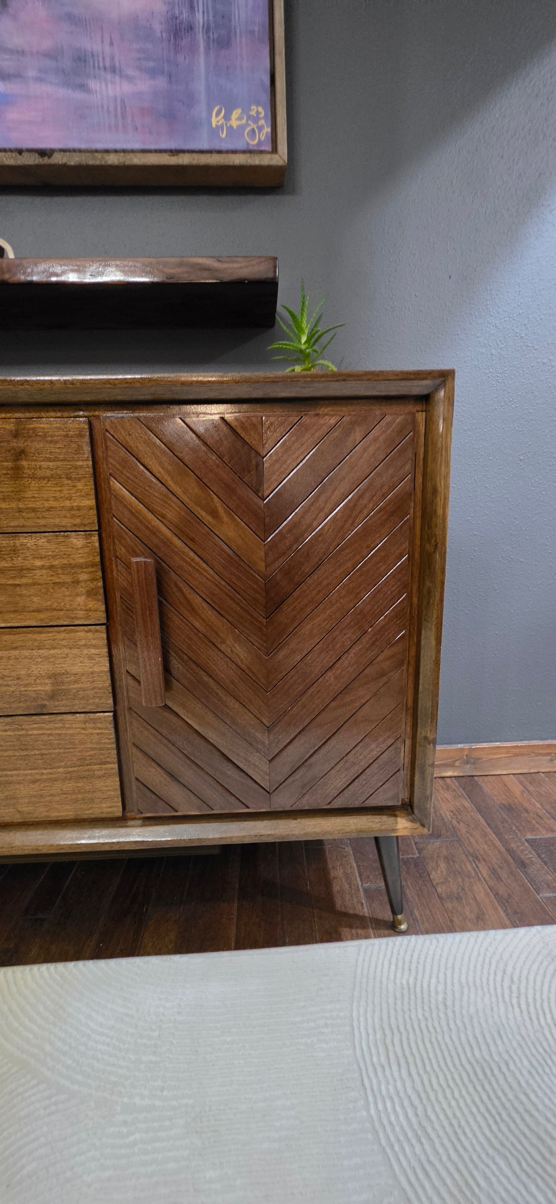 Custom walnut chevron panels on mid-century credenza