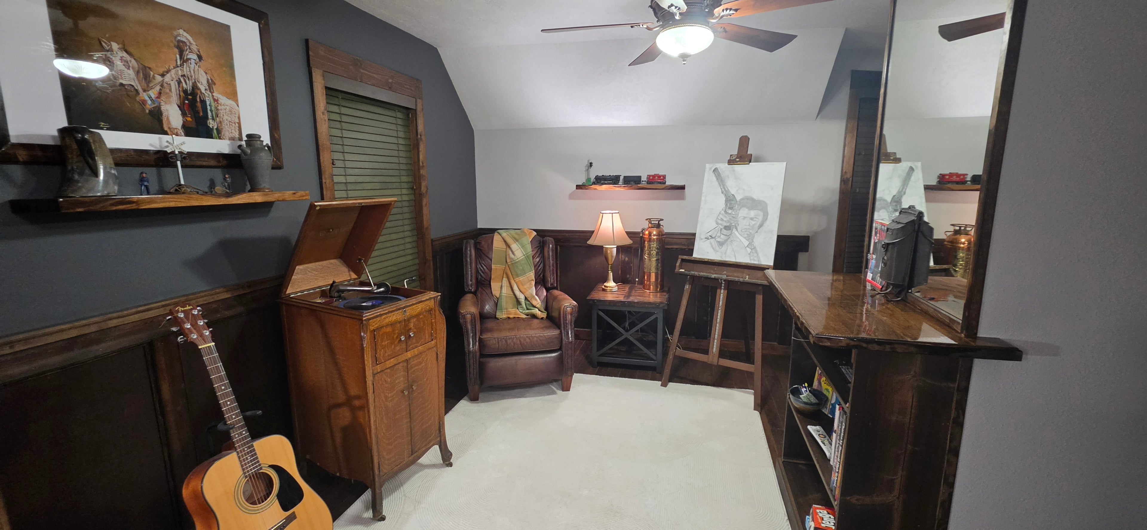 Solid walnut floating shelf staged in living room with vintage furniture decor